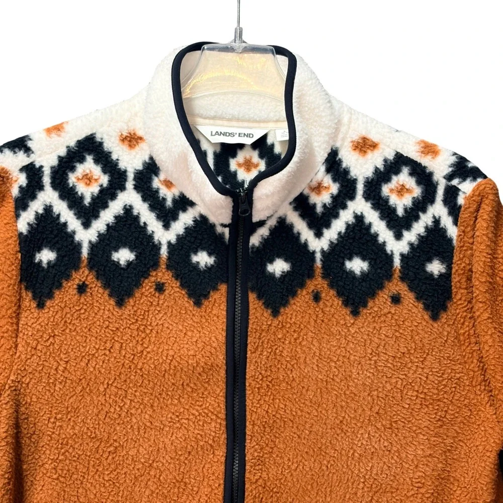 Lands' End Fair Isle Sherpa Fleece Jacket Orange Large 14-16 Geometric‎